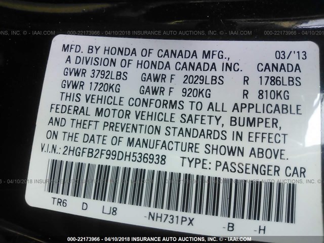 2HGFB2F99DH536938 - 2013 HONDA CIVIC EXL BLACK photo 9