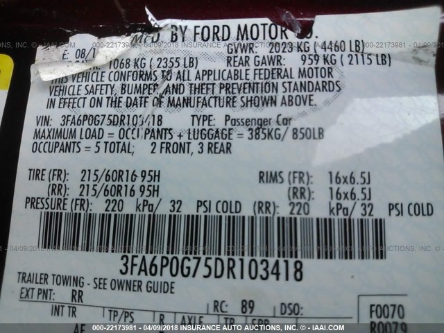3FA6P0G75DR103418 - 2013 FORD FUSION S MAROON photo 9