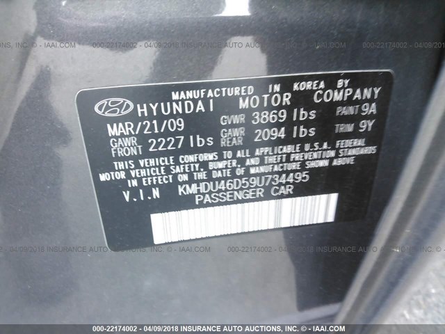 KMHDU46D59U734495 - 2009 HYUNDAI ELANTRA GLS/SE GRAY photo 9