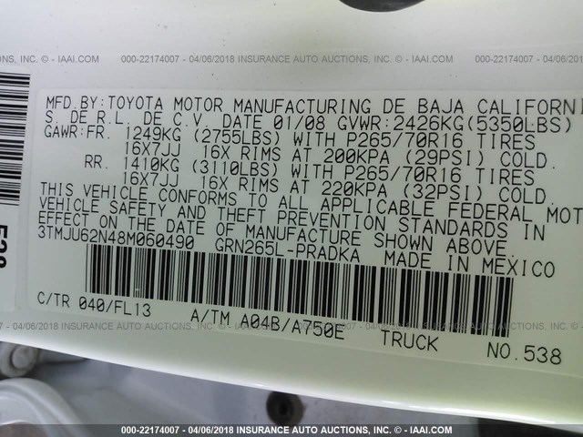 3TMJU62N48M060490 - 2008 TOYOTA TACOMA DOUBLE CAB PRERUNNER WHITE photo 9