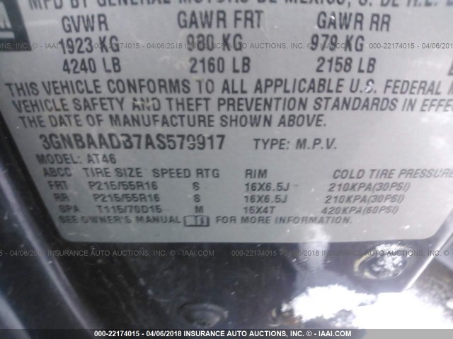 3GNBAADB7AS579917 - 2010 CHEVROLET HHR LS BLUE photo 9