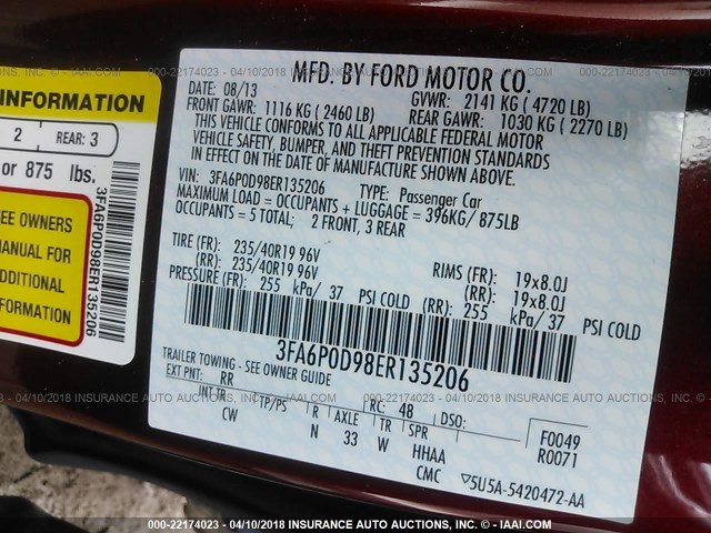 3FA6P0D98ER135206 - 2014 FORD FUSION TITANIUM RED photo 9