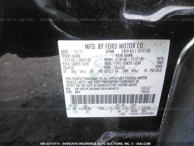2FMDK3K98CBA48403 - 2012 FORD EDGE LIMITED BLACK photo 9