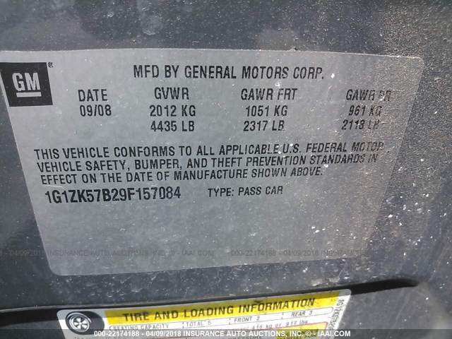 1G1ZK57B29F157084 - 2009 CHEVROLET MALIBU LTZ 灰色 照片 9