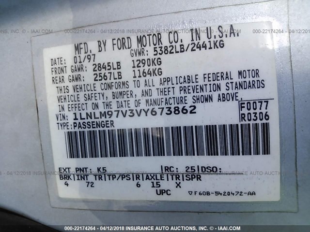 1LNLM97V3VY673862 - 1997 LINCOLN CONTINENTAL  Բաց կապույտ լուսանկար 9