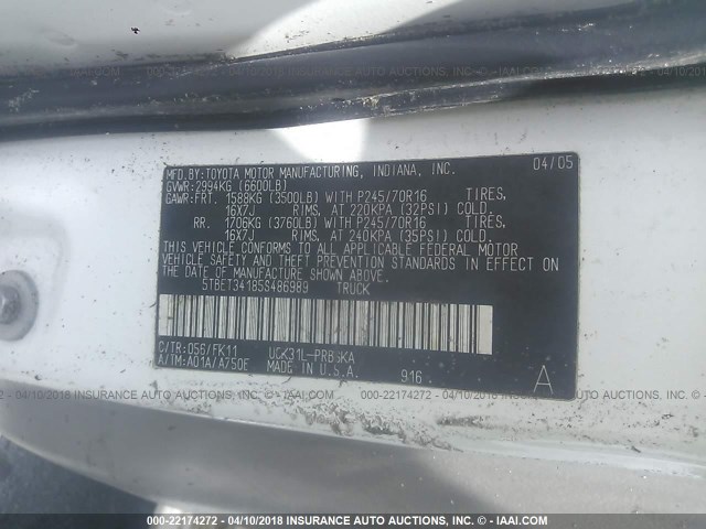 5TBET34185S486989 - 2005 TOYOTA TUNDRA DOUBLE CAB SR5 WHITE photo 9