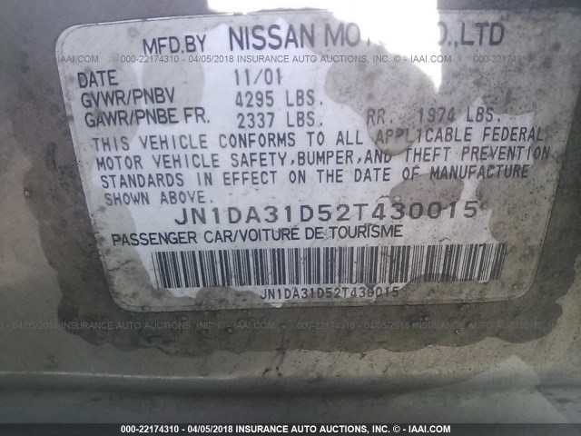 JN1DA31D52T430015 - 2002 NISSAN MAXIMA GLE/GXE/SE SILVER photo 9