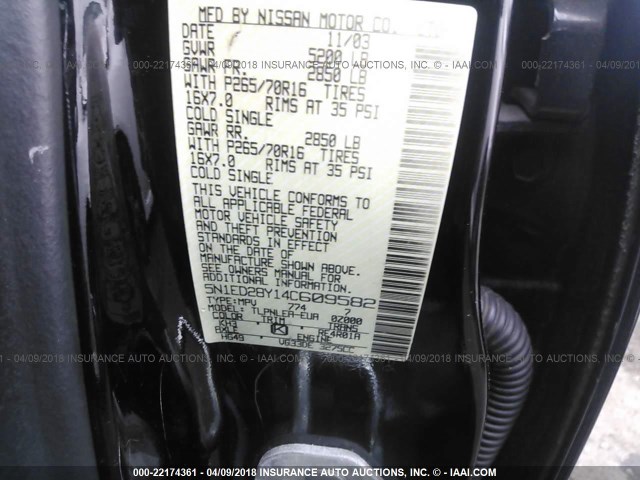 5N1ED28Y14C609582 - 2004 NISSAN XTERRA XE/SE BLACK photo 9