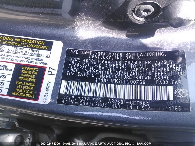 4T1BF1FK3DU290766 - 2013 TOYOTA CAMRY L/SE/LE/XLE 灰色 照片 9