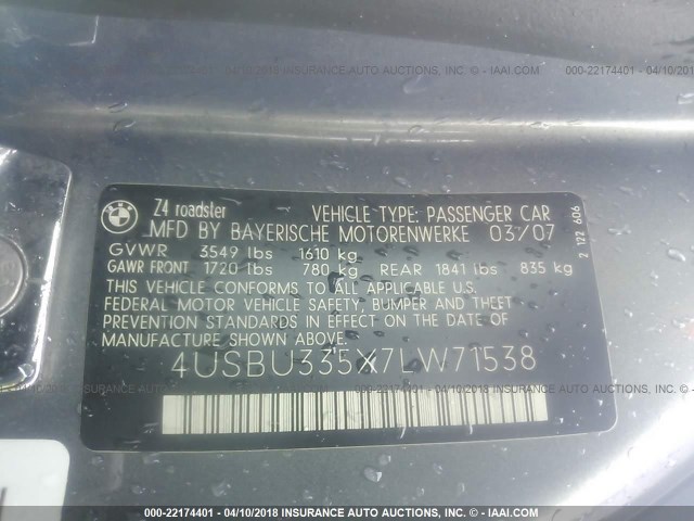 4USBU335X7LW71538 - 2007 BMW Z4 3.0 GRAY photo 9