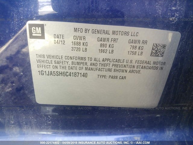 1G1JA5SH6C4187140 - 2012 CHEVROLET SONIC LS 蓝色 照片 9