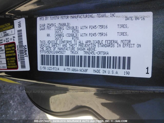 5TFSX5EN1GX045827 - 2016 TOYOTA TACOMA ACCESS CAB/SR/SR5 灰色 照片 9