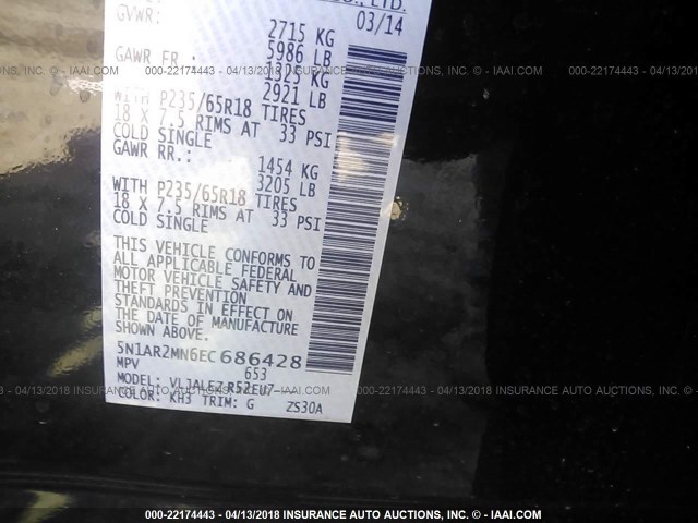 5N1AR2MN6EC686428 - 2014 NISSAN PATHFINDER S/SV/SL/PLATINUM 黑色 照片 9