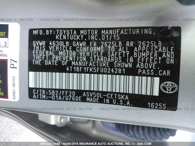 4T1BF1FK5FU024281 - 2015 TOYOTA CAMRY LE/XLE/SE/XSE Gold Foto 9