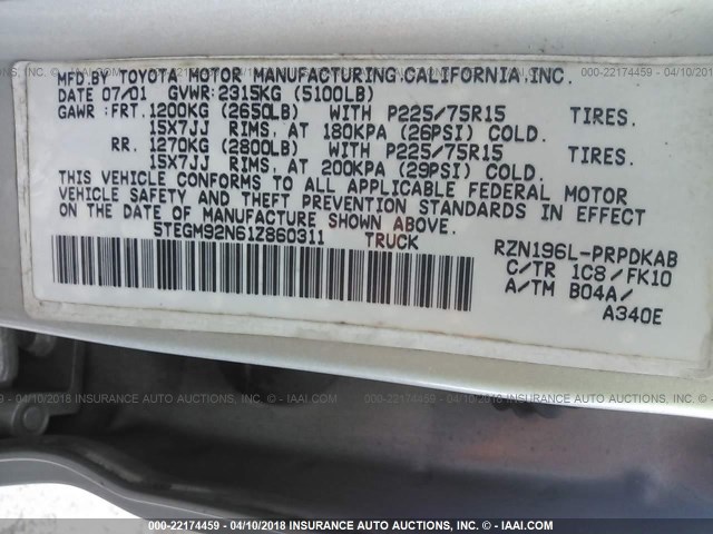 5TEGM92N61Z860311 - 2001 TOYOTA TACOMA DOUBLE CAB PRERUNNER SILVER photo 9