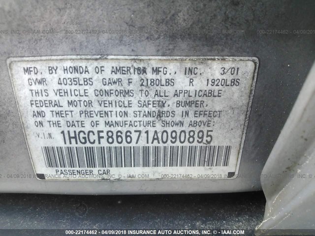 1HGCF86671A090895 - 2001 HONDA ACCORD VALUE SILVER photo 9