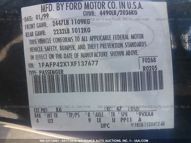 1FAFP42X1XF137677 - 1999 FORD MUSTANG GT BLUE photo 9