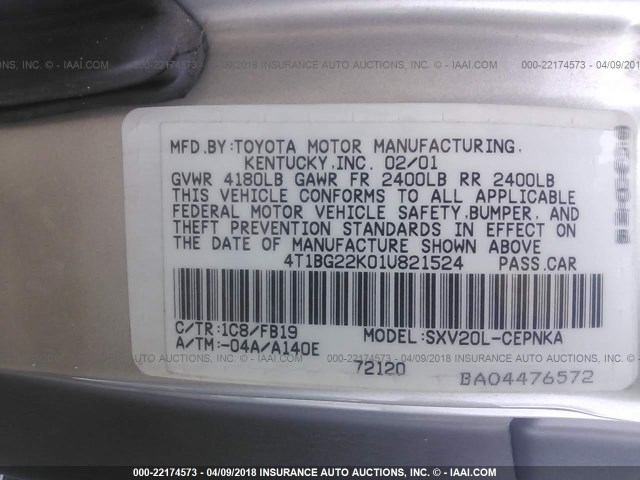 4T1BG22K01U821524 - 2001 TOYOTA CAMRY CE/LE/XLE 银色 照片 9