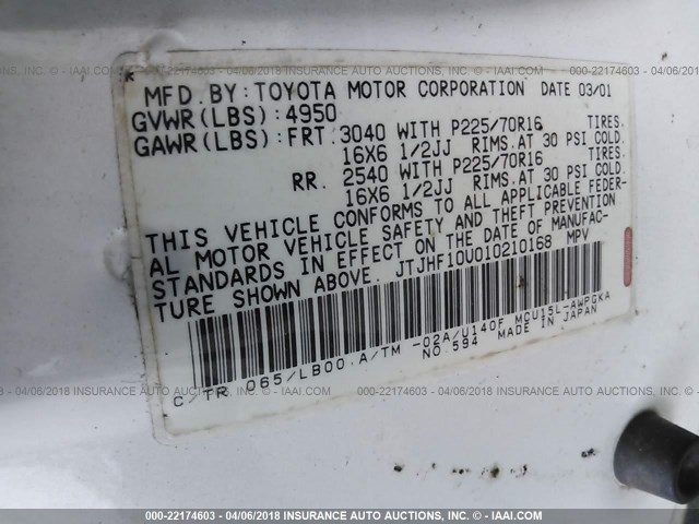 JTJHF10U010210168 - 2001 LEXUS RX 300 WHITE photo 9