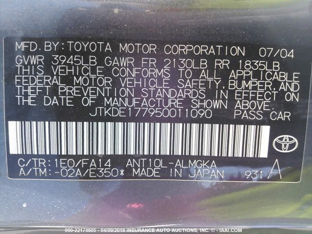 JTKDE177950011090 - 2005 TOYOTA SCION TC 灰色 照片 9