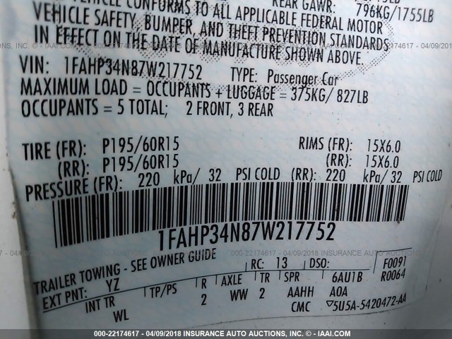 1FAHP34N87W217752 - 2007 FORD FOCUS ZX4/S/SE/SES 白色 照片 9