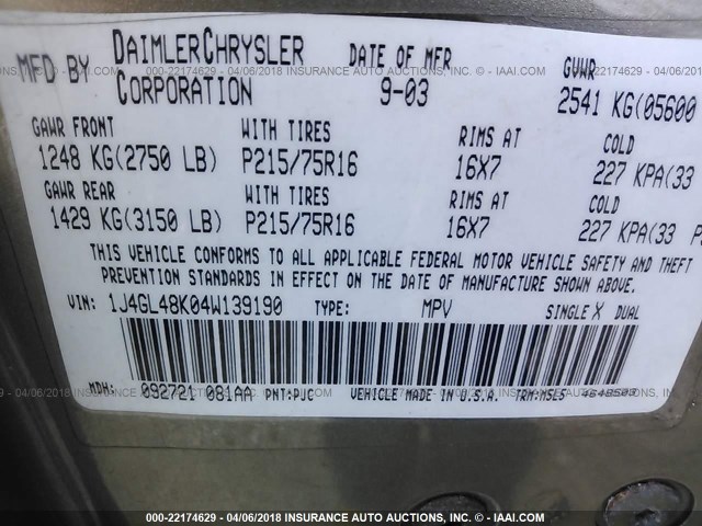 1J4GL48K04W139190 - 2004 JEEP LIBERTY SPORT 金色 照片 9