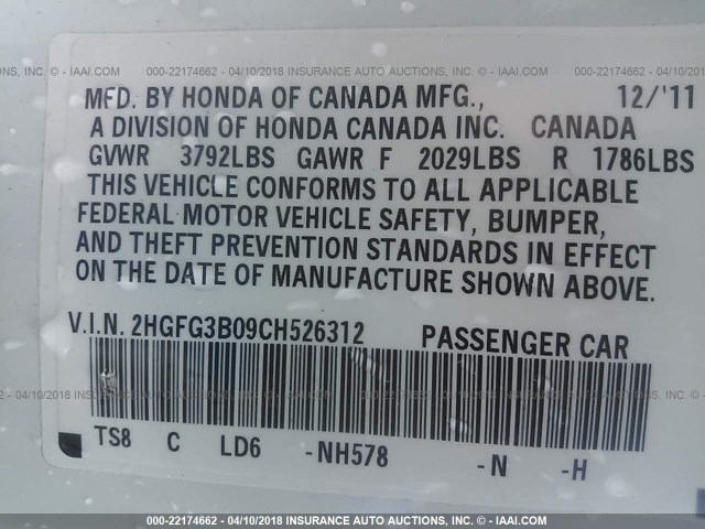 2HGFG3B09CH526312 - 2012 HONDA CIVIC EXL WHITE photo 9