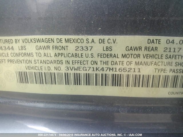 3VWEG71K47M165211 - 2007 VOLKSWAGEN JETTA WOLFSBURG 灰色 照片 9