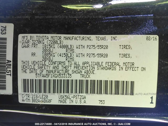 5TFAW5F1XGX533135 - 2016 TOYOTA TUNDRA CREWMAX 1794/PLATINUM 黑色 照片 9