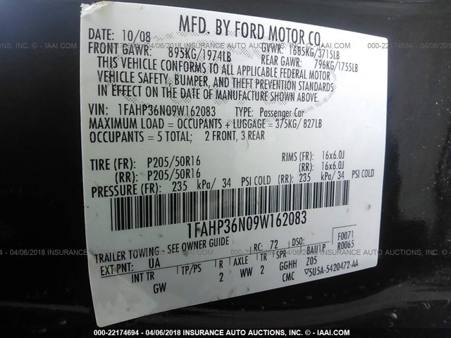 1FAHP36N09W162083 - 2009 FORD FOCUS SES BLACK photo 9