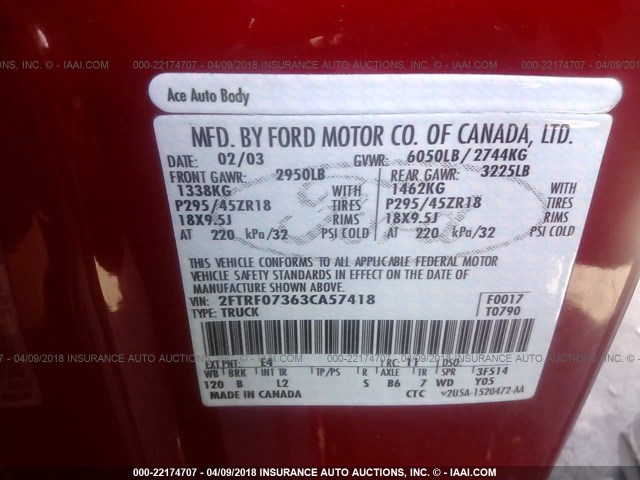 2FTRF07363CA57418 - 2003 FORD F150 SVT LIGHTNING RED photo 9