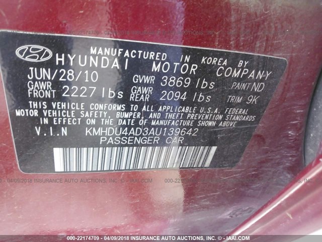 KMHDU4AD3AU139642 - 2010 HYUNDAI ELANTRA BLUE/GLS/SE RED photo 9