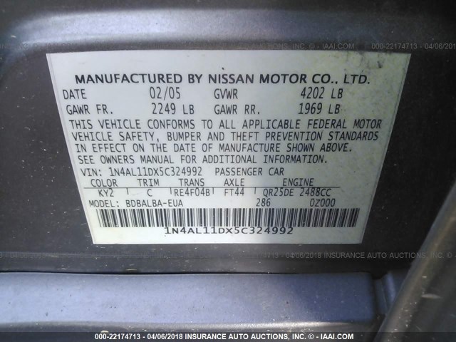 1N4AL11DX5C324992 - 2005 NISSAN ALTIMA S/SL GRAY photo 9