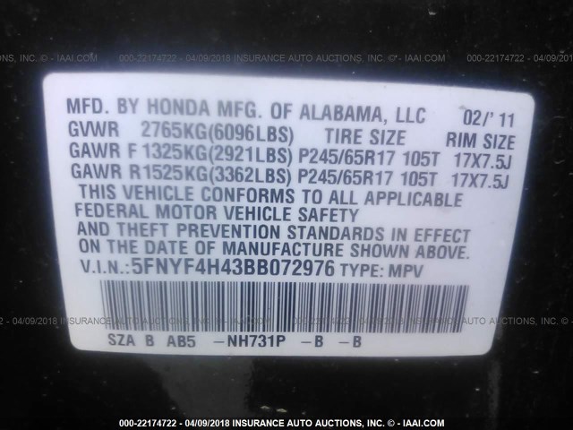 5FNYF4H43BB072976 - 2011 HONDA PILOT EX BLACK photo 9