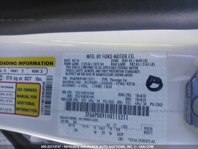 3FA6P0K91HR115211 - 2017 FORD FUSION TITANIUM WHITE photo 9