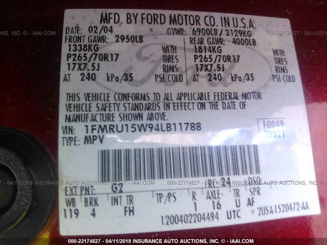 1FMRU15W94LB11788 - 2004 FORD EXPEDITION XLT RED photo 9