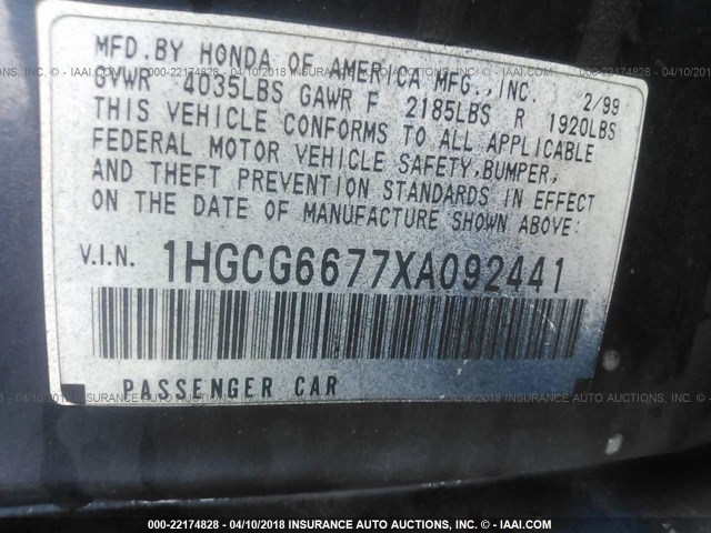 1HGCG6677XA092441 - 1999 HONDA ACCORD EX BLUE photo 9