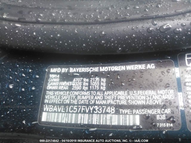 WBAVL1C57FVY33748 - 2015 BMW X1 XDRIVE28I BLUE photo 9