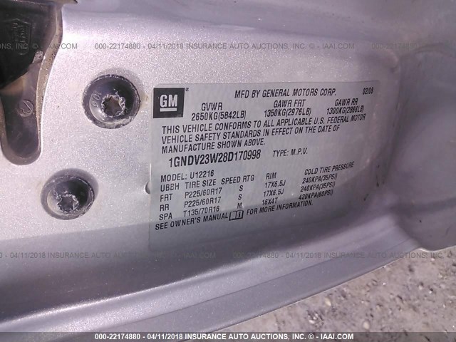 1GNDV23W28D170998 - 2008 CHEVROLET UPLANDER LS BEIGE photo 9