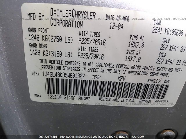 1J4GL48K95W601327 - 2005 JEEP LIBERTY SPORT 银色 照片 9