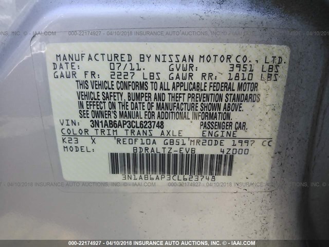 3N1AB6AP3CL623748 - 2012 NISSAN SENTRA 2.0/2.0S/SR/2.0SL SILVER photo 9