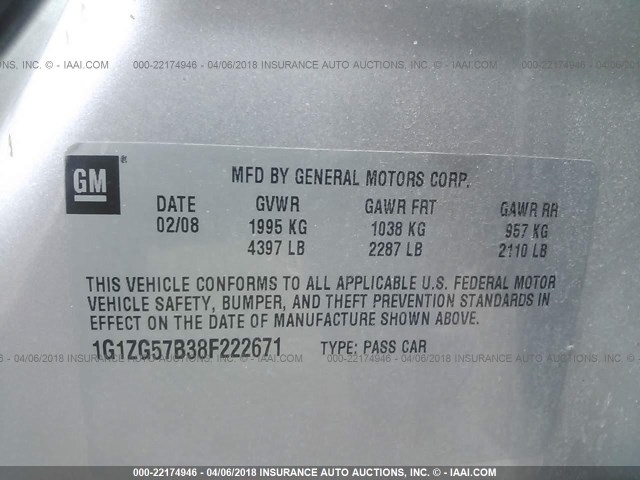 1G1ZG57B38F222671 - 2008 CHEVROLET MALIBU LS SILVER photo 9