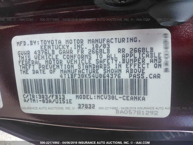 4T1BF30K54U064376 - 2004 TOYOTA CAMRY LE/XLE/SE BURGUNDY photo 9