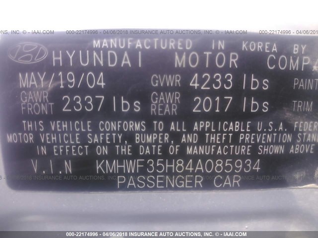 KMHWF35H84A085934 - 2004 HYUNDAI SONATA GLS/LX SILVER photo 9