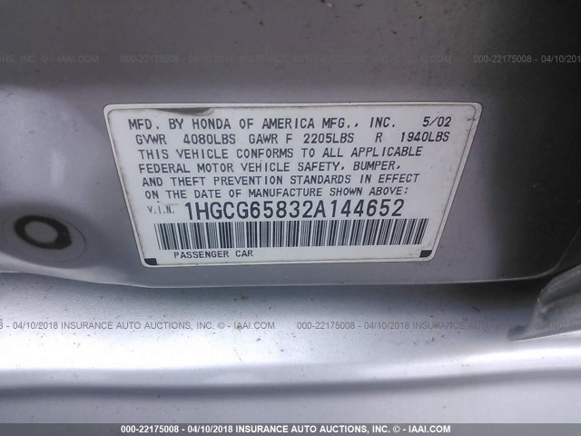 1HGCG65832A144652 - 2002 HONDA ACCORD EX SILVER photo 9