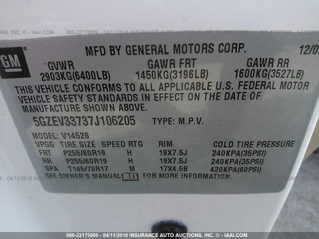 5GZEV33737J106205 - 2007 SATURN OUTLOOK SPECIAL თეთრი ფოტო 9