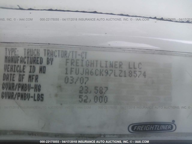 1FUJA6CK97LZ18574 - 2007 FREIGHTLINER CONVENTIONAL COLUMBIA WHITE photo 10