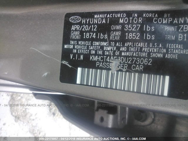 KMHCT4AE3DU273062 - 2013 HYUNDAI ACCENT GLS/GS GOLD photo 9