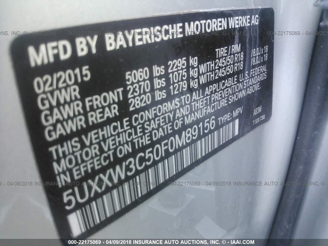 5UXXW3C50F0M89156 - 2015 BMW X4 XDRIVE28I SILVER photo 9