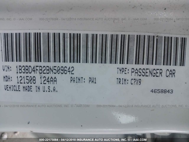 1B3BD4FB2BN509642 - 2011 DODGE AVENGER EXPRESS 白色 照片 9